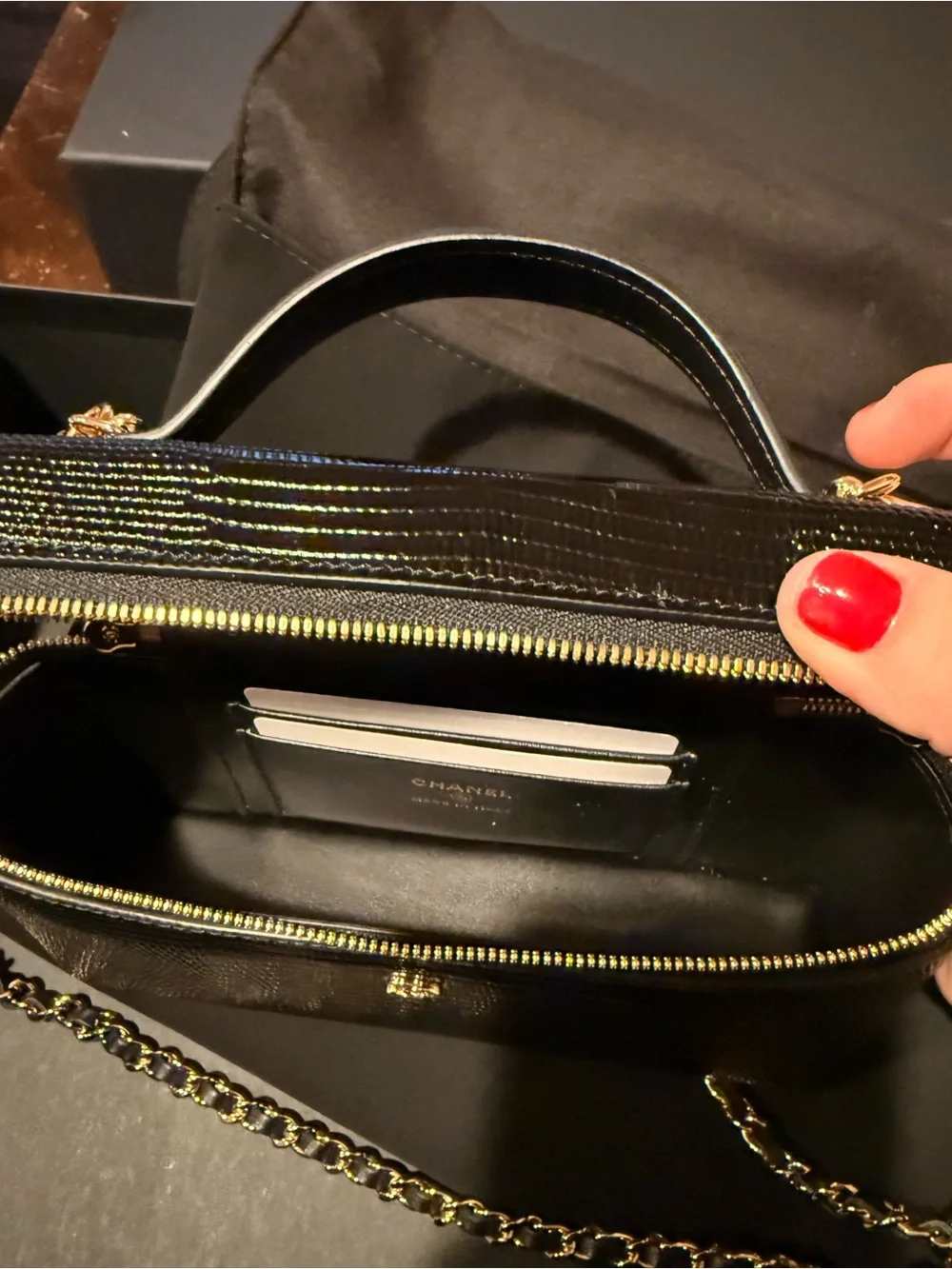 CHANEL Black Lizard-Embossed Top Handle Crossbody with Gold Hardware
